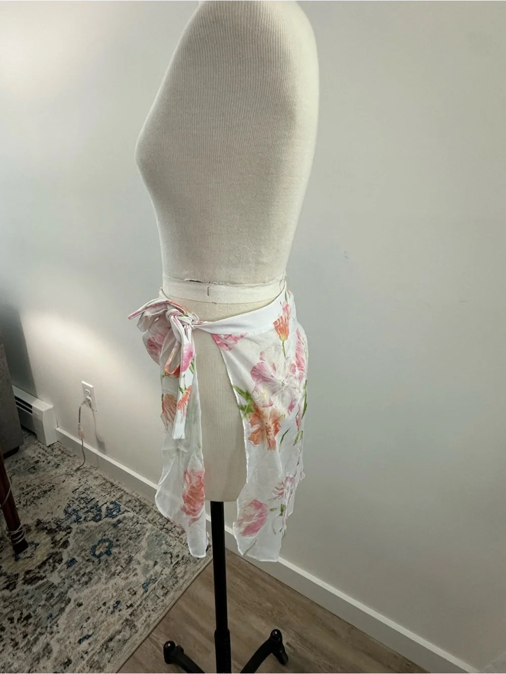 Leggiadro White Floral Tie-Wrap Mini Skirt with Pink & Green Accents